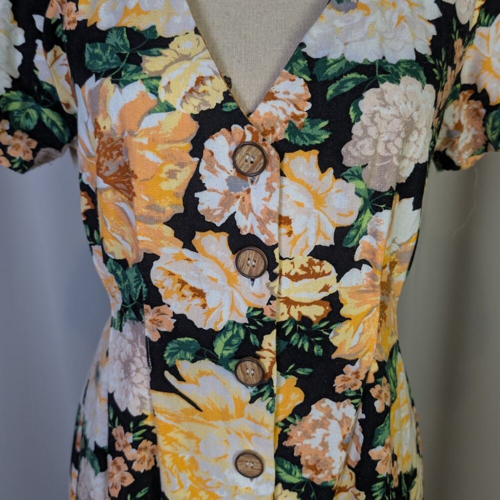 Miss Selfridge Floral Button Front Mini Dress Black Yellow Cottagecore Size 6 - Picture 13 of 16